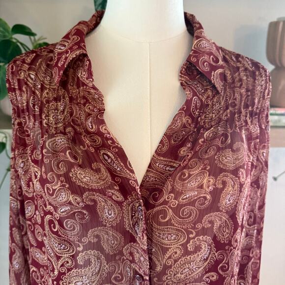 Express Burgundy Paisley Long Sleeve Sheer Button Front Blouse Large Office Fall - Picture 4 of 7